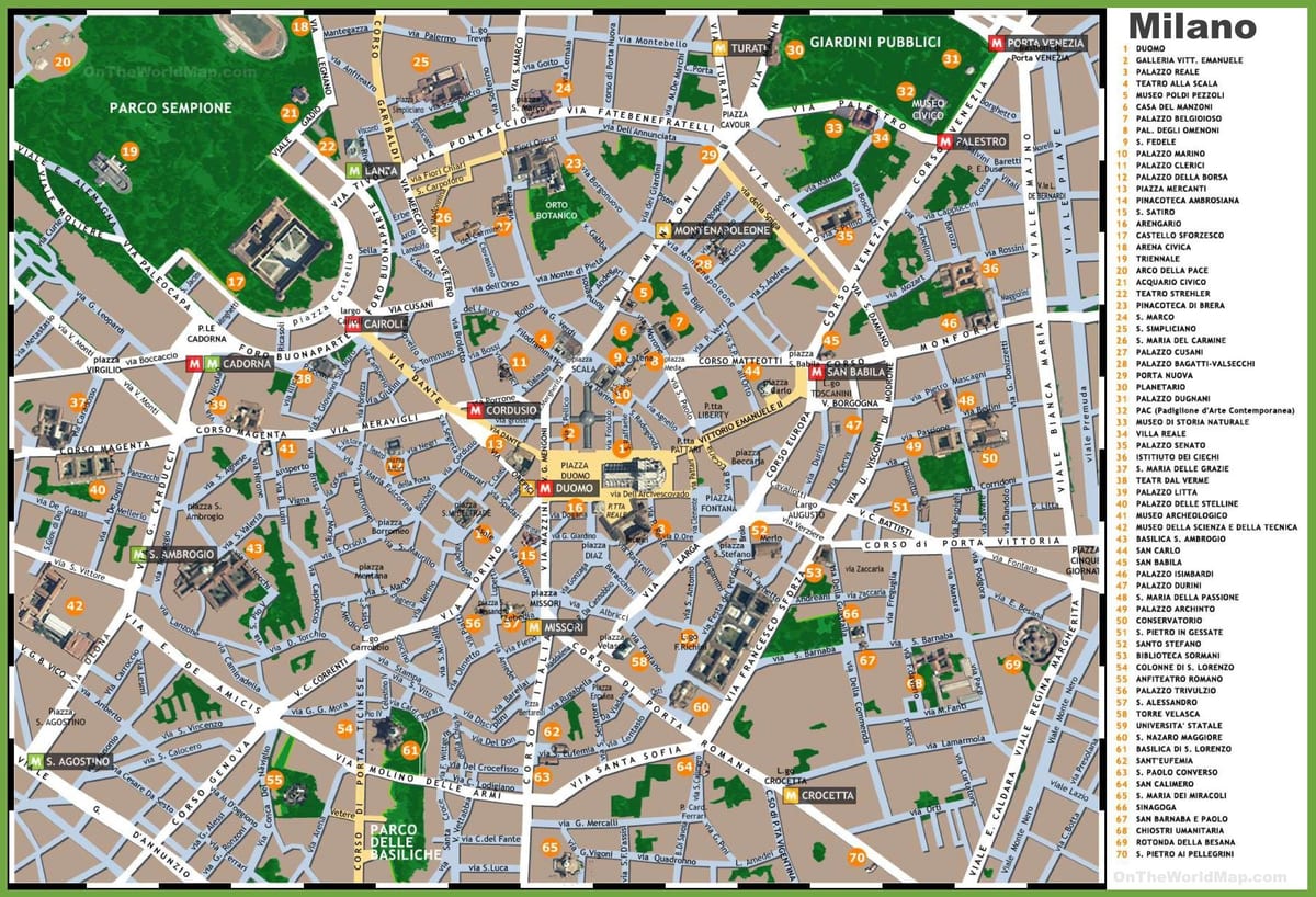 મિલાન જોવાલાયક સ્થળોનો પ્રવાસ નકશો